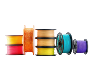 Colorful spools of filament, various shades, stacked