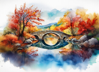 A watercolor painting of an arched stone bridge reflected in a river, with vibrant autumn foliage and a mountainous background.