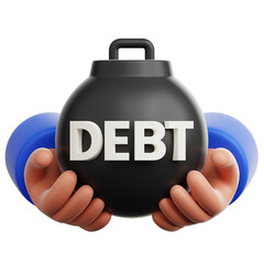 An illustration depicts financial stress with a bomb labeled DEBT, held within the hands of an individual. Capturing the concept of financial burden and economic pressure.