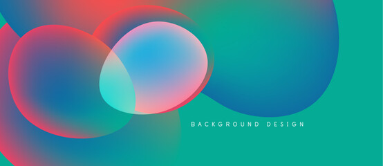 Abstract colorful background features overlapping circles. Gradient blends turquoise, blue, pink, red hues. Minimalist design with text below.