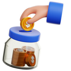 A 3D-rendered hand carefully deposits a gold coin into a clear glass jar, symbolizing saving and financial growth.