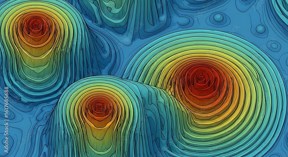 Poster vibrant abstract topographic map with flowing contour lines and heat map intensity visualization
