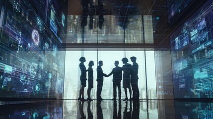 Business team shaking hands in a high tech office with digital displays and city view background