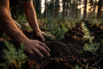 Hands planting tree seedling, sunrise, earthy tones
