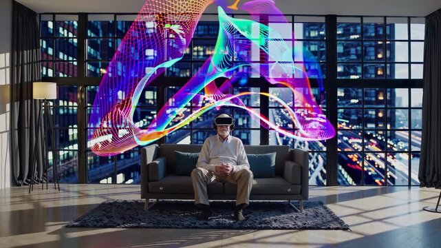 Older man sits sofa wearing vr headset. Colorful digital forms float behind him. Virtual interaction redefines future. Technology bridges age gap. Digital world offers vr experiences all generations.