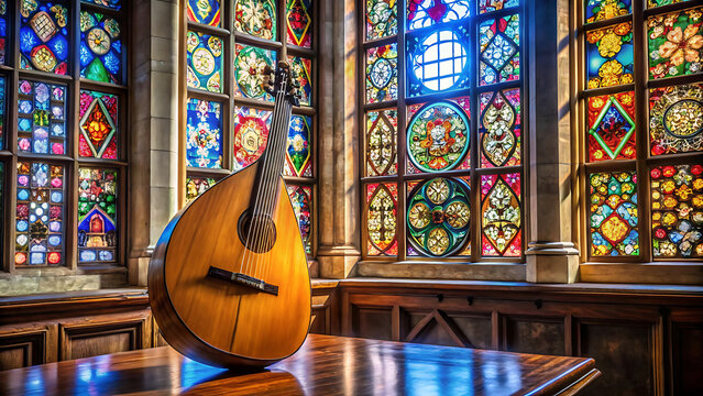 Lute placed beside stained glass window in old church setting