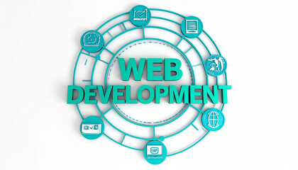 Web Development - lightbulb on white background with text under it. 3d render illustration.