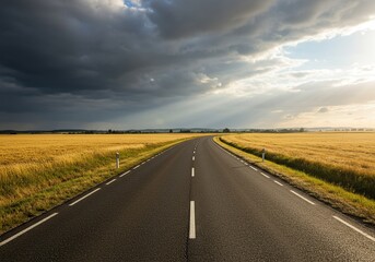 Fototapeta premium A long road stretches through golden fields under a dramatic sky