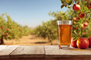 Fresh Apple Juice in Glass with Orchard Background on Sunny Day