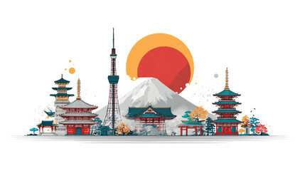 Fototapeta premium Japan skyline illustration, iconic landmarks