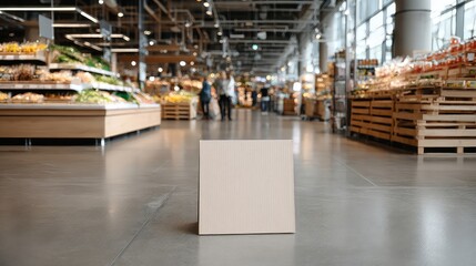 Blank sign stands in the foreground of a grocery store aisle with produce and shoppers in the background