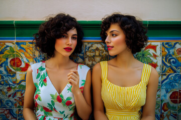 Two stylish young women with curly hair sitting against colorful tiles  