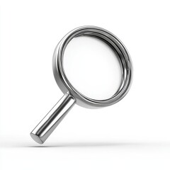 A close up of a shiny silver magnifying glass with a round lens and handle on a white background