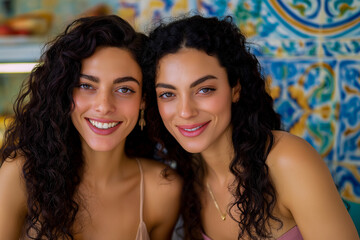 Two smiling Italian young women posing together in a colorful cafe setting  