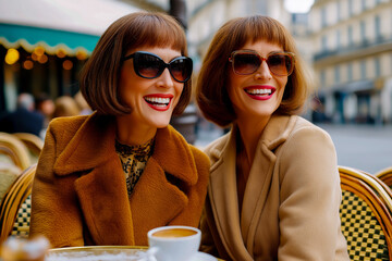 Two smiling French women with bob hairstyles enjoying coffee at café terrace  