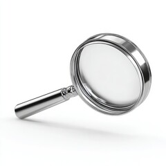 A shiny silver magnifying glass with a clear lens resting on a plain white surface in a studio shot