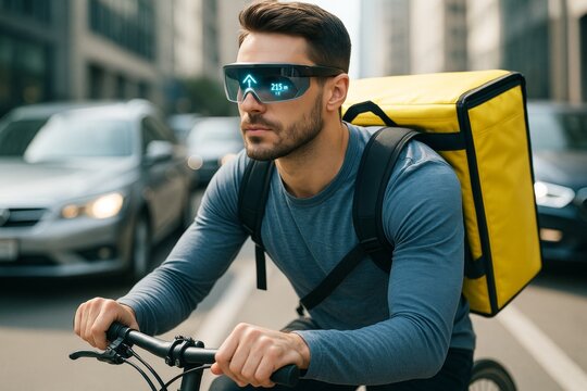 Futuristic delivery cyclist wearing augmented reality smart glasses with navigation display, riding on busy city street with modern buildings. Ai generative
