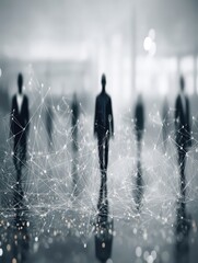 Silhouetted figures connected by a network in a blurred background with light and shadow effects