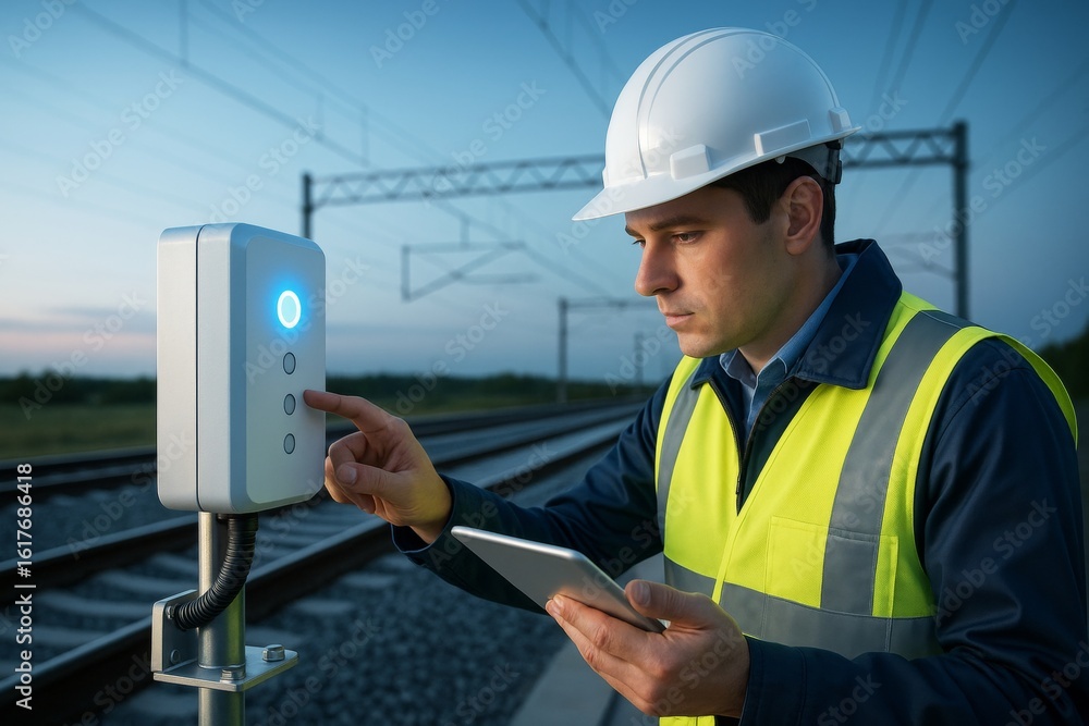 Poster engineer using electronic control panel by railway tracks at dusk with digital tablet in hand, weari