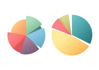 Fototapeta premium Two pie charts, side-by-side, illustrate different data sets. Each chart comprises various colored segments, suggesting proportions or percentages within a whole. 