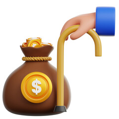 A hand holding money bag with a cane, depicting a retirement planning concept, emphasizing the importance of long-term financial security.