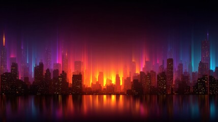 Fototapeta premium Cityscape Neon Reflections: A vibrant digital artwork capturing a cityscape ablaze with neon lights, mirroring in calm waters. The composition highlights urban life.