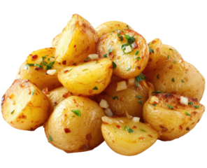 Roasted potato halves, golden brown, seasoned with herbs and garlic, nestled together in a mound