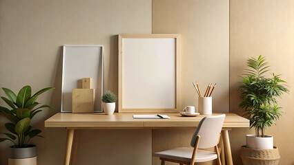 Minimalist workspace mockup with beige wall and wooden desk