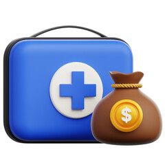 A blue first aid kit next to a money bag, the essence of healthcare costs, highlighting financial aspects and preparedness