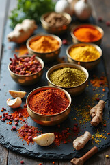 bird's eye view of traditional Indian ingredients, vibrant powdered spices in small brass bowls, fresh ginger, garlic bulbs, whole spices, and dried rose petals artistically arranged on dark slate sur