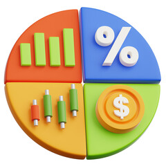 A vibrant 3D pie chart symbolizes financial data, visualizing diverse economic components with bright colors, a dollar sign, and a percentage symbol, representing financial growth.