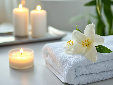 Relaxing Spa Setup with Candles, Towels, and White Flower Arrangement