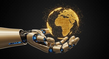Robot hand holding a glowing digital world