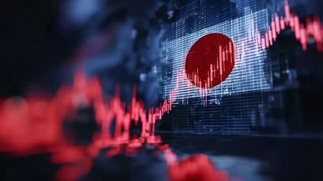 A red stock market graph with the Japanese flag on it, set against a blurred background.
