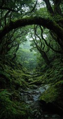 Obraz premium Lush green forest trail, mossy ravine, misty mountain background; nature wallpaper