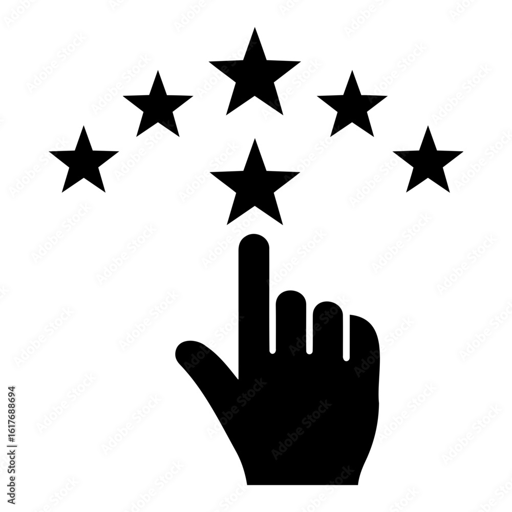 Poster vector a hand pointing upwards towards a row of five stars in a rating system icon on transparent ba