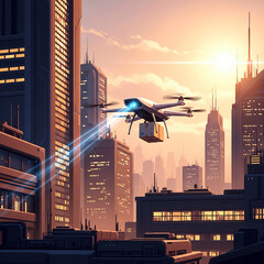Futuristic Drone Delivering Package in a Modern Cityscape at Sunset with Glowing Lights