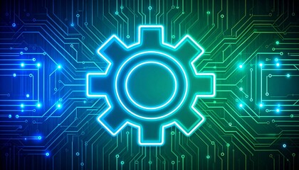 Digital technology and system integration concept. A glowing neon cogwheel on a futuristic computer circuit board background.
