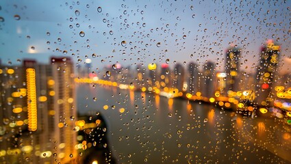 Raindrops on a window overlooking a city skyline at night