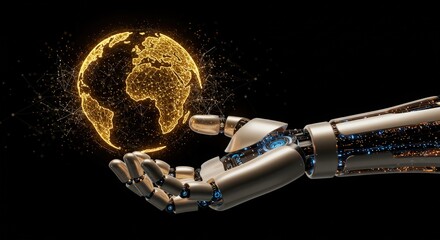 Robot hand holding glowing digital earth