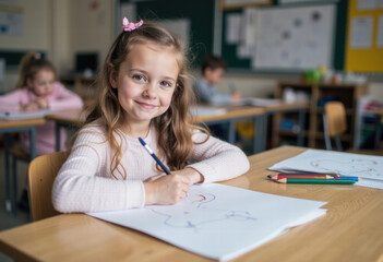 A happy elementary school girl with a pink bow smiles at the camera while drawing at her desk, capturing a joyful moment of creative learning in the classroom.

