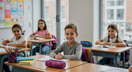 Smiling school children sitting at desks in bright modern classroom