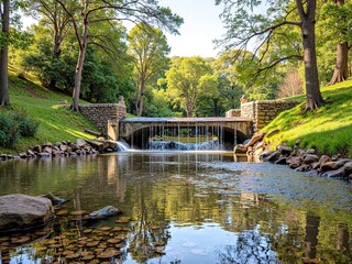 Small Waterfall Flowing into River with Bridge and Hills