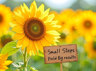 Sunflower with Motivational Sign in Blooming Field Under Sky