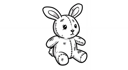 Black and White Line Art Illustration of Stuffed Rabbit Toy with Visible Stitching on White Background