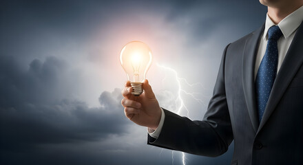 Businessman with a glowing lightbulb, symbolizing innovation, creativity, and new ideas
