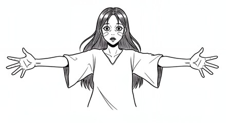 Black and White Manga Style Illustration of a Woman with Curly Hair Wearing a Loose Shirt Arms Stretched Wide Open on White Background