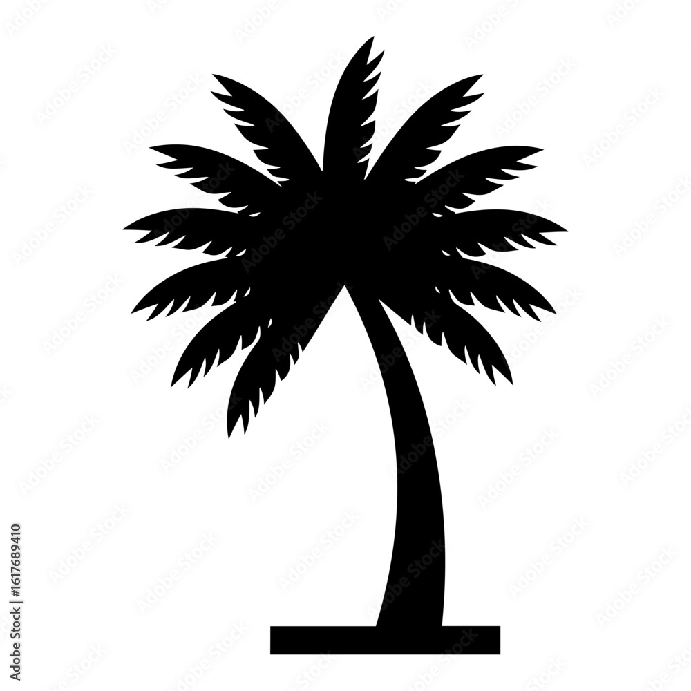 Poster Vector silhouette of a single palm tree with a curved trunk and fronds on a white background on transparent background