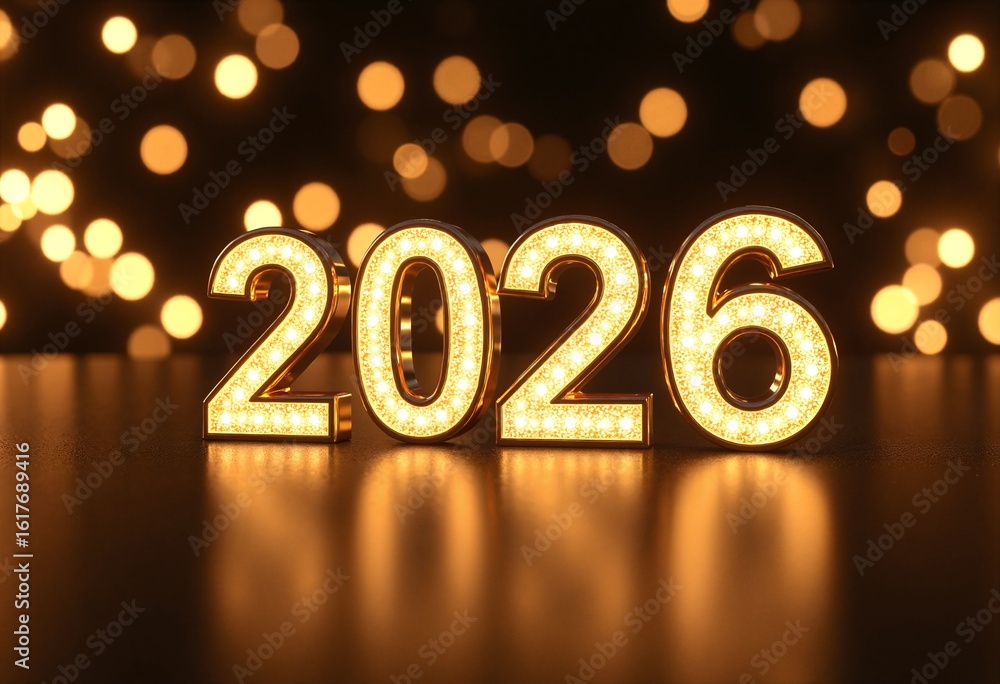 Poster sparkling golden 2026 numerals against glittering bokeh background