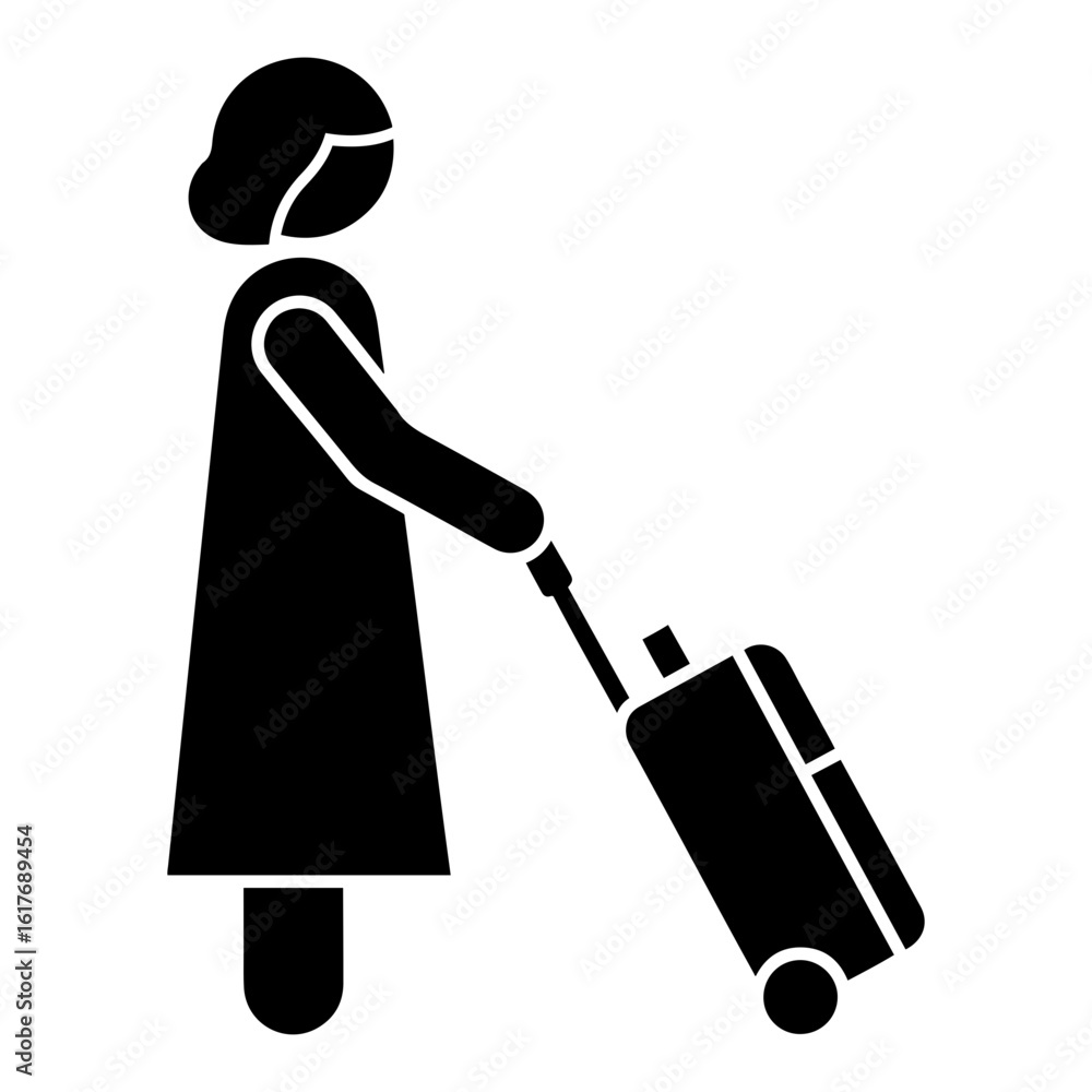 Poster vector silhouette of a woman pulling a suitcase with a handle on a white background on transparent b